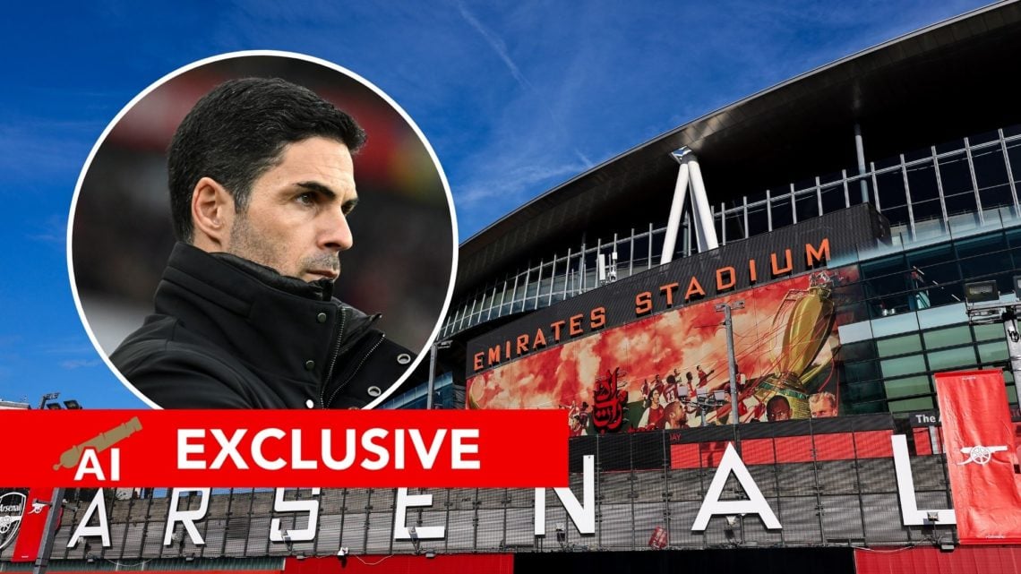 Mikel Arteta inset over Emirates Stadium.