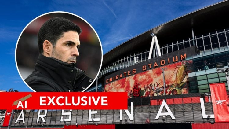Mikel Arteta inset over Emirates Stadium.
