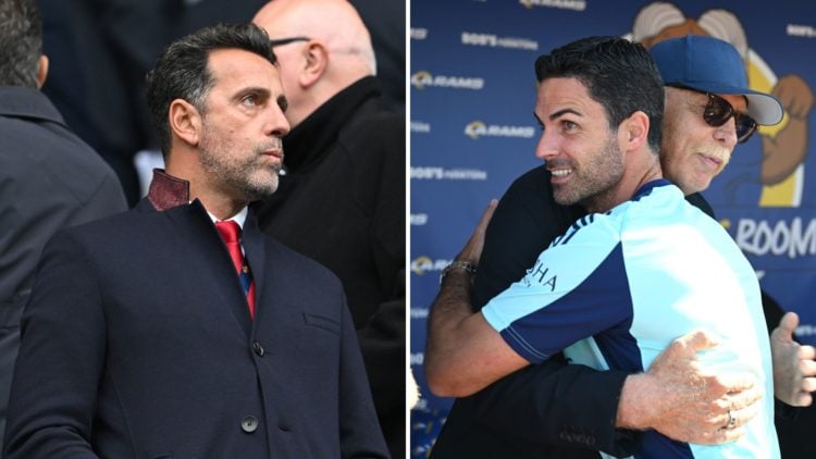 Edu Gaspar (left) alongside a picture of Mikel Arteta and Stan Kroenke