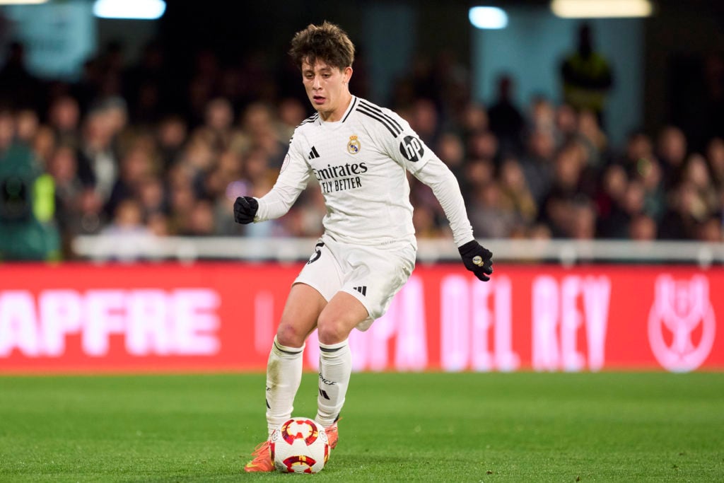 Arda Guler on the ball while playing for Real Madrid against Deportiva Minera in the Copa Del Rey