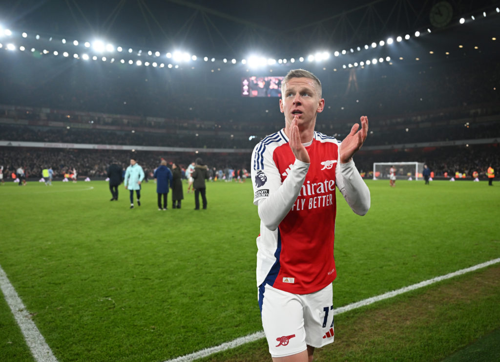 Oleksandr Zinchenko applauds the fans after Arsenal FC v Tottenham Hotspur FC in the Premier League clash.