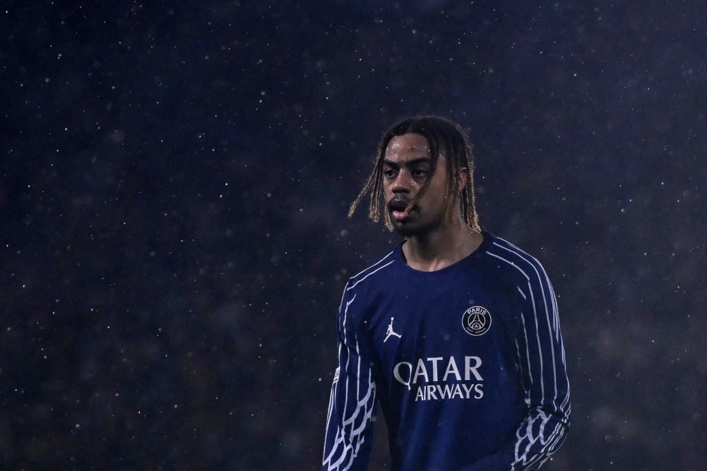 Bradley Barcola looking on during a game between PSG and Manchester City in the Champions League