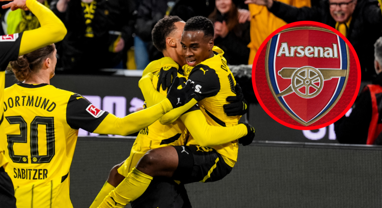 An image featuring Jamie Gittens and the Arsenal badge.