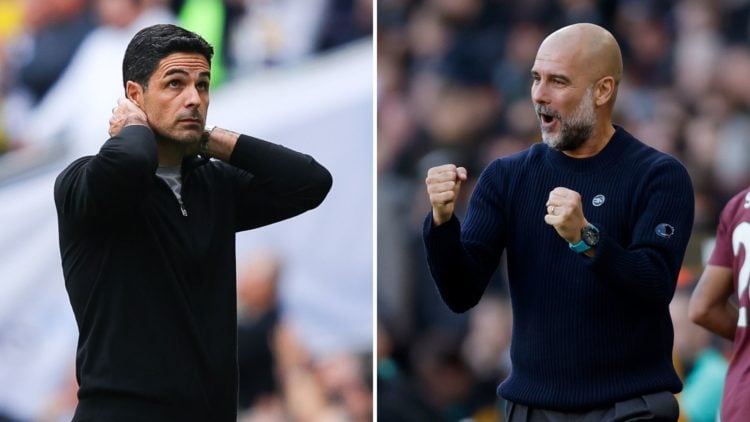 Dejected Mikel Arteta alongside Pep Guardiola celebrating.