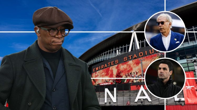 Ian Wright in front of Emirates Stadium. Inset, Mikel Arteta and Stan Kroenke.