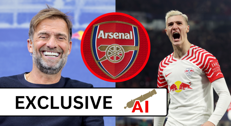 An image featuring Jurgen Klopp, the Arsenal badge and RB Leipzig's Benjamin Sesko.