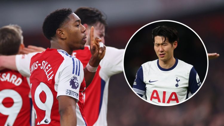 Myles Lewis-Skelly shushing. Inset, Heung-min Son looking sad