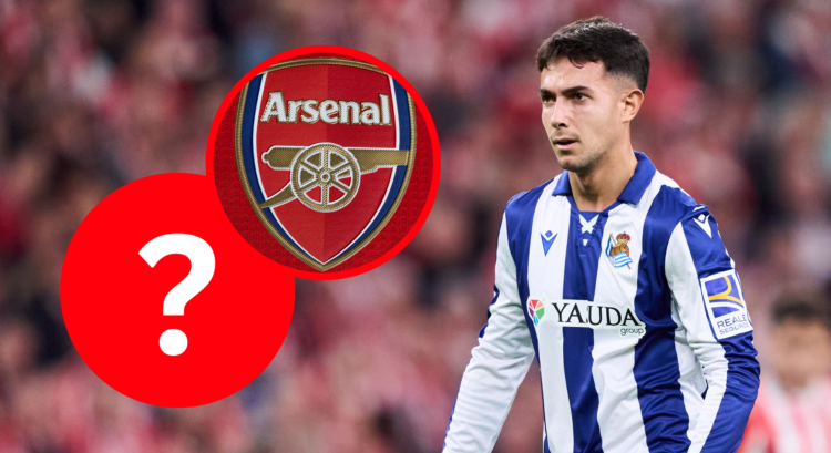 An image featuring Martin Zubimendi and the Arsenal badge.