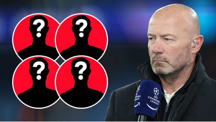 TV presenter Alan Shearer looks on prior to the UEFA Champions League 2024/25 League Phase MD5 match. Inset, four question marks.