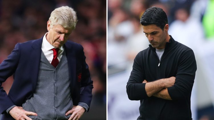 Arsene Wenger and Mikel Arteta, both looking dejected