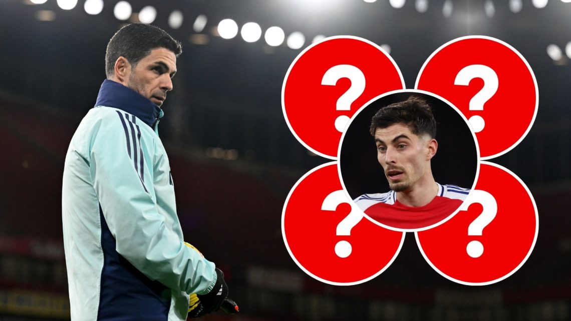 Mikel Arteta during a training session. Inset, Kai Havertz and four question marks.