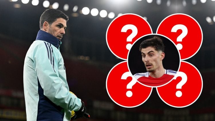 Mikel Arteta during a training session. Inset, Kai Havertz and four question marks.
