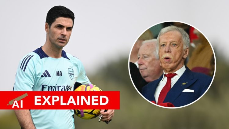 Mikel Arteta looks on during Arsenal training. Inset, Stan Kroenke.