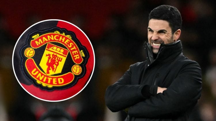 Mikel Arteta looks annoyed. Inset, the Manchester United badge.