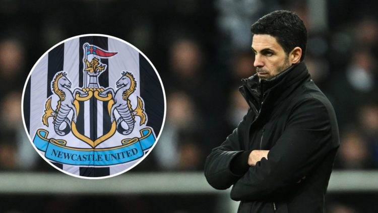 Mikel Arteta looks on. Inset, the Newcastle United badge.