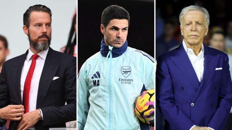 Split image of Josh Kroenke, Mikel Arteta, and Stan Kroenke.
