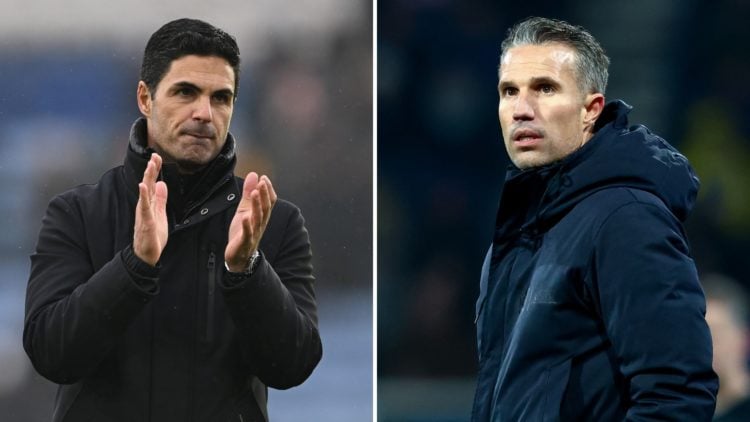 Split image of Robin van Persie looking on during the Dutch Eredivisie match, and Mikel Arteta applauding the fans after a match.