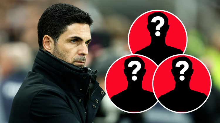 Mikel Arteta looks on during Arsenal's match with Newcastle United next to a silhouette of three players.