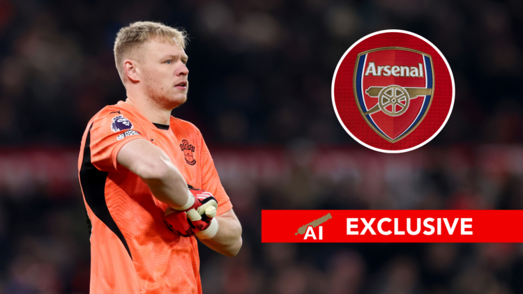 A split image featuring Aaron Ramsdale looking on during a Southampton match and the Arsenal badge on a shirt.