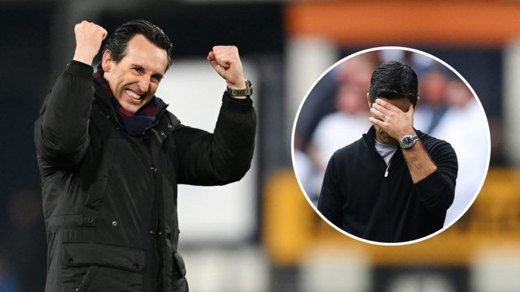Unai Emery, Manager of Aston Villa, celebrates after the team's victory in the Premier League match. Inset, Mikel Arteta, manager of Arsenal, looks...