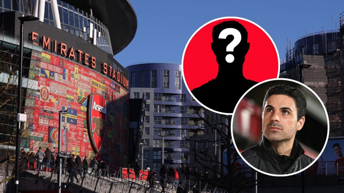 Emirates Stadium exterior view. Inset, Mikel Arteta and a mystery figure.