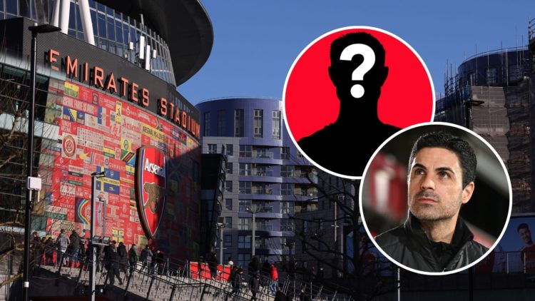 Emirates Stadium exterior view. Inset, Mikel Arteta and a mystery figure.