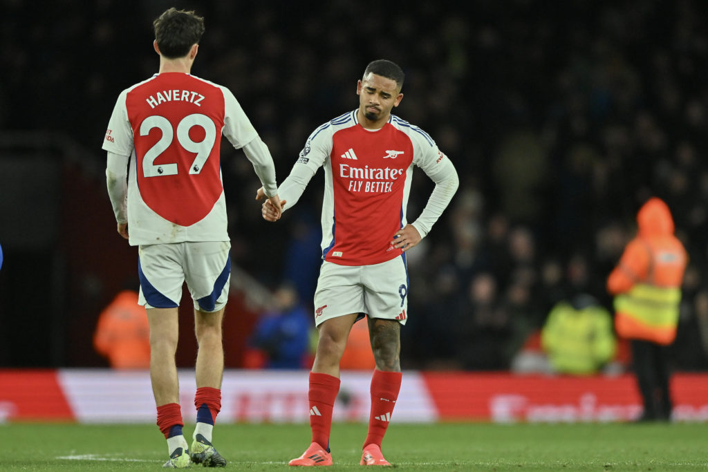 Kai Havertz and Gabriel Jesus shake hands during an Arsenal game