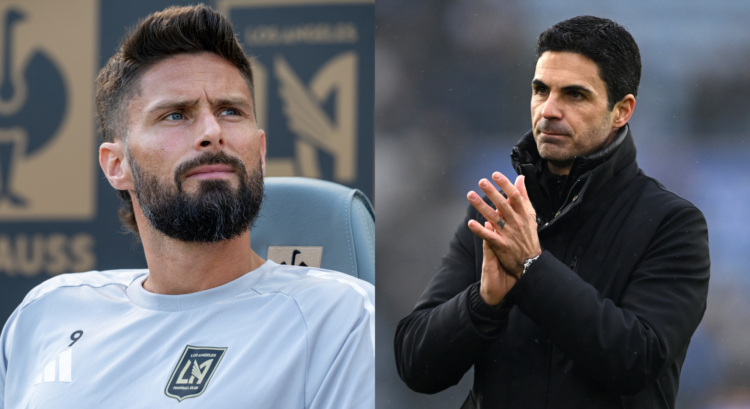 A split image featuring Olivier Giroud and Mikel Arteta.