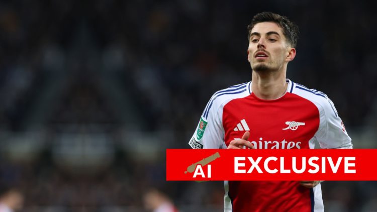 Kai Havertz in action. Overlaid, an exclusive banner.
