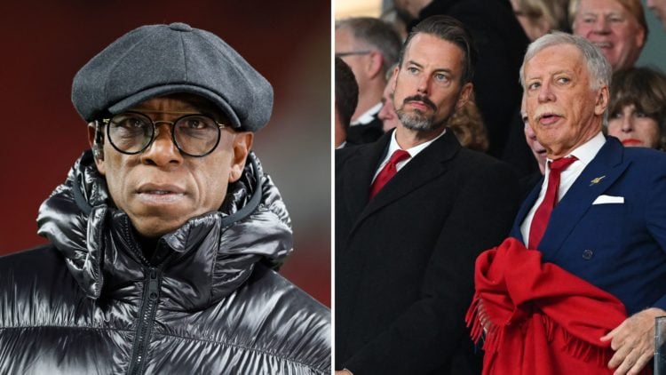 A split image featuring Ian Wright looking on while Josh Kroenke and Stan Kronke attend an Arsenal match.