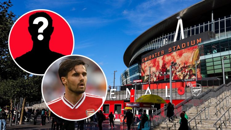 Emirates Stadium exterior view. Inset, Carl Jenkinson and a mystery figure.
