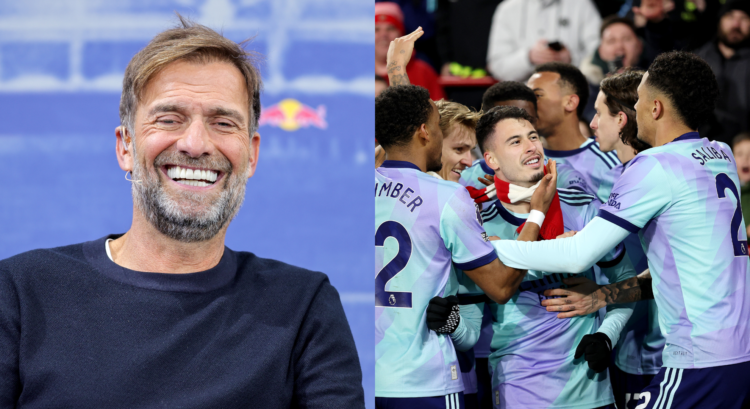 A split image featuring Jurgen Klopp smiling and Gabriel Martinelli celebrating for Arsenal.