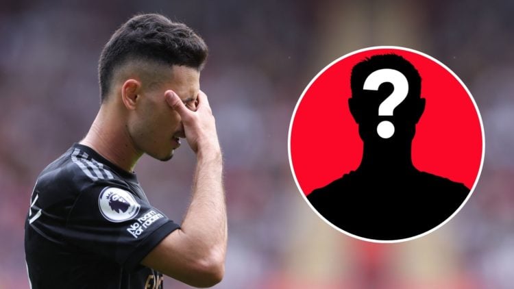 Gabriel Martinelli of Arsenal looks dejected during the Premier League match between Southampton FC and Arsenal FC. Inset, mystery player silhouette.