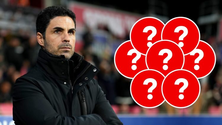 Mikel Arteta looks on. Inset, seven question marks.
