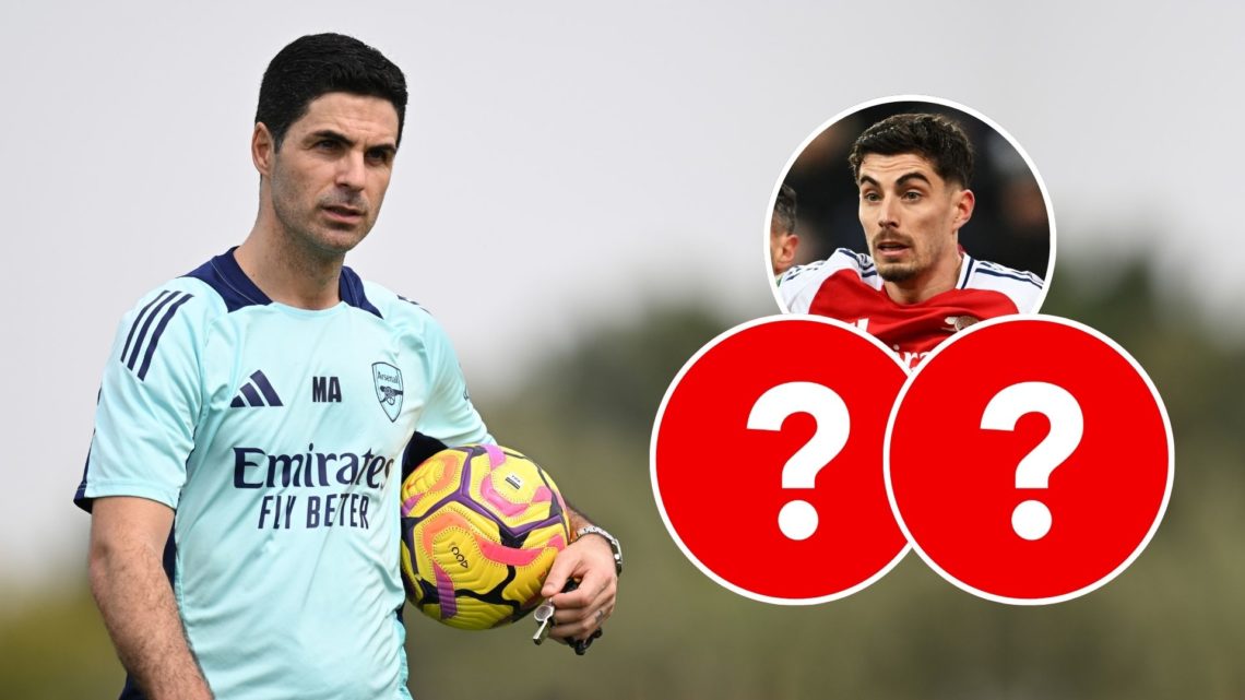 Mikel Arteta during Arsenal training. Inset, Kai Havertz and two question marks.