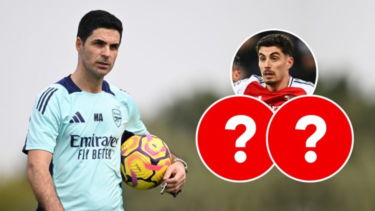 Mikel Arteta during Arsenal training. Inset, Kai Havertz and two question marks.