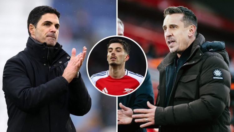 Split image of Mikel Arteta and Gary Neville. Inset, Kai Havertz.