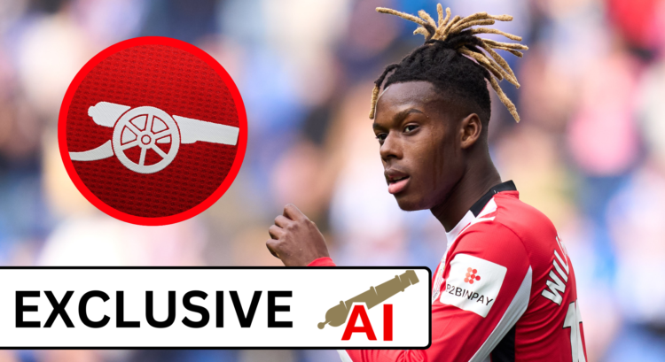 A split image featuring Nico Williams and the Arsenal badge.