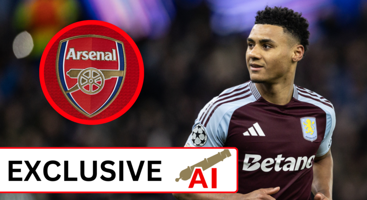 An image featuring Ollie Watkins playing for Aston Villa and the Arsenal badge.
