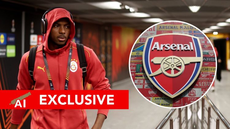 Victor Osimhen of Galatasaray A.S. arrives at the stadium prior to the UEFA Europa League 2024/25 League Knockout Play-off Second Leg match. Inset,...