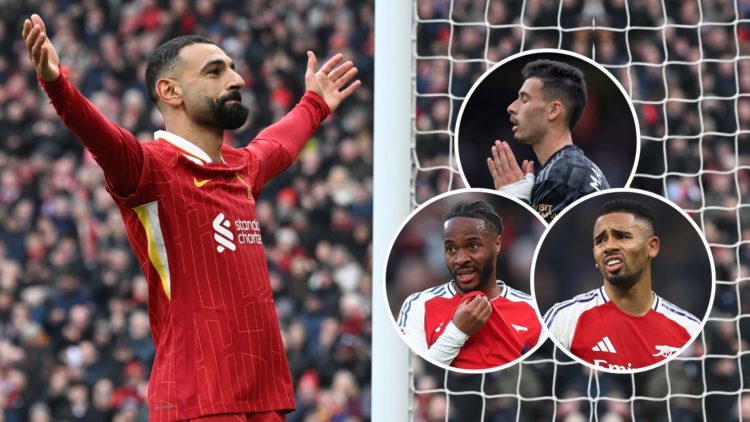 Mohamed Salah of Liverpool celebrates scoring his team's second goal from the penalty-spot. Inset, Gabriel Martinelli of Arsenal looks dejected, Ra...