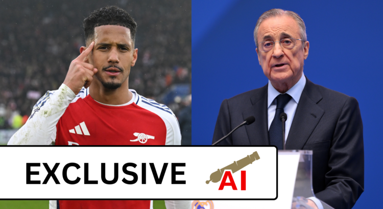 A split image featuring William Saliba and Florentino Perez.