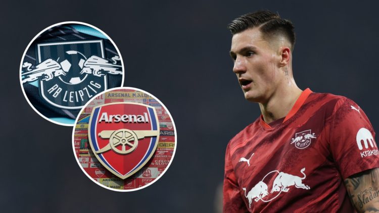 Benjamin Sesko in action. Inset, the RB Leipzig and Arsenal badges.