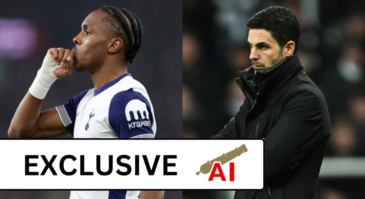 An image featuring Mathys Tel of Tottenham and Arsenal manager Mikel Arteta.