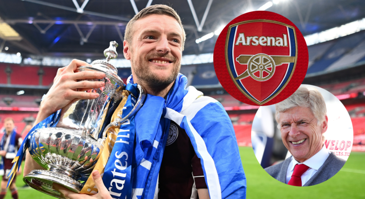 An image featuring Jamie Vardy holding the FA Cup, the Arsenal badge and Arsene Wenger.