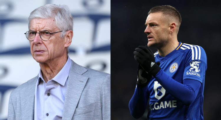 A split image featuring former Arsenal boss Arsene Wenger looking on and Leicester City striker Jamie Vardy applauding.