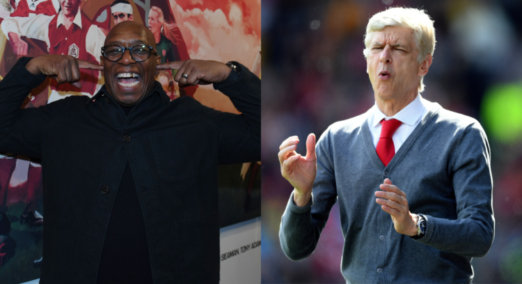 A split image featuring Ian Wright and Arsene Wenger.