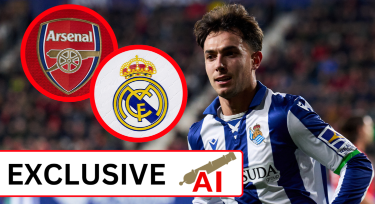 A split image featuring the Arsenal badge, the Real Madrid crest and Martin Zubimendi.