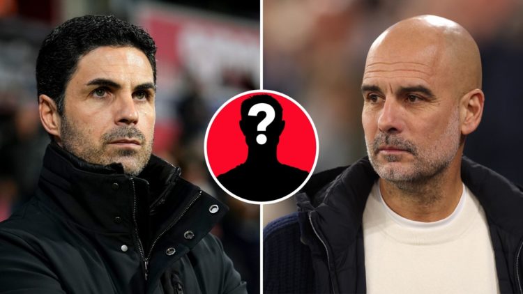 Split image of Mikel Arteta and Pep Guardiola. Inset, a mystery player.