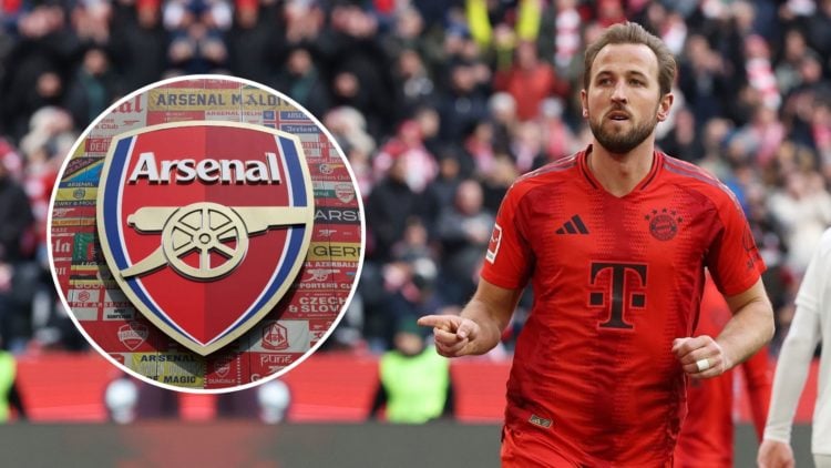 Harry Kane of Bayern Munich celebrates. Inset, the Arsenal badge.